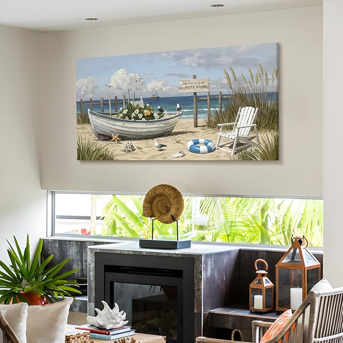 amatop Large Coastal Wall Art Nautical Beach Canvas Art Print Flower-Filled Boat on Sand Ocean Waves Seaside Seascape ArtworkSea Birds Marine Picture Home Decor for Living Room Bedroom Office 48×24 Inch