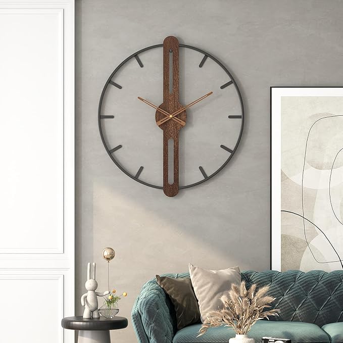Modern Walnut Dial Wall Clock, Wood Large Wall Clock Decor Metal Frame Silent Non Ticking for Living Room, Bedroom, Kitchen, Study Decoration, Handmade Home Present Idea, 24 in （60 cm）