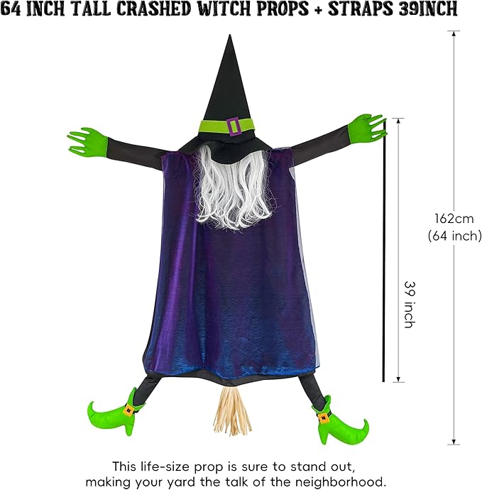 POPGIFTU 64" Large Crashing Witch into Tree Halloween Outdoor Decoration – Funny Flying Witch Yard Prop for Porch, Garden & Lawn, Weather-Resistant Halloween Decor