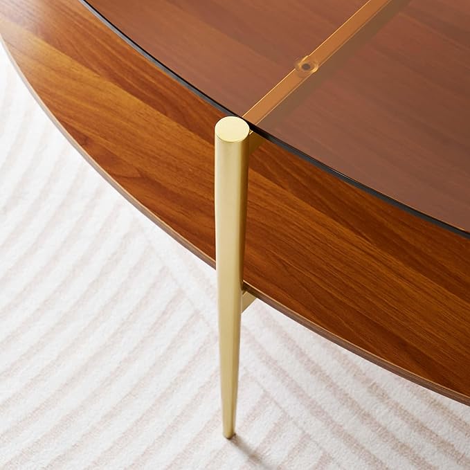 Oval Glass Coffee Table, Mid-Century Modern Design, L43 x W22 x H17 inch, 2-Tier Structure, Olive Shaped Amber Glass Top and Walnut Finish Wood Shelf, Tapered Legs with Gold Finish Frame