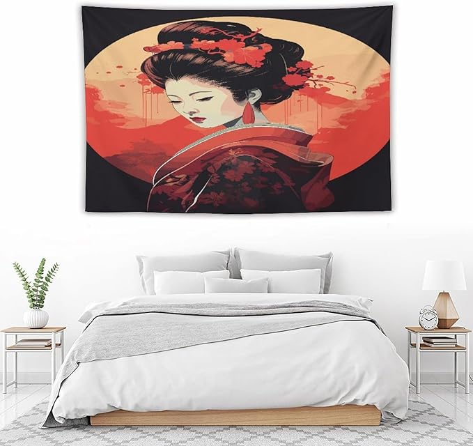 Japanese Woman Geisha Tapestry Asian Cherry Blossom Red Sun Traditional Kimono Folk Tapestries Home Decor for Living Room Bedroom Apartment Farmhouse Dorm 90"x60"