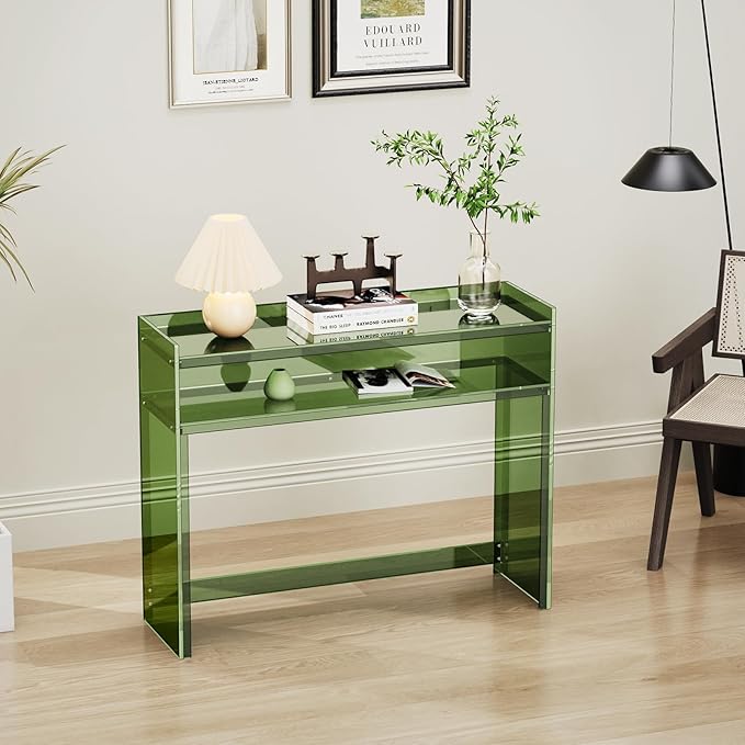 Acrylic Console Table, Entryway Table with Storage Shelves (Green)