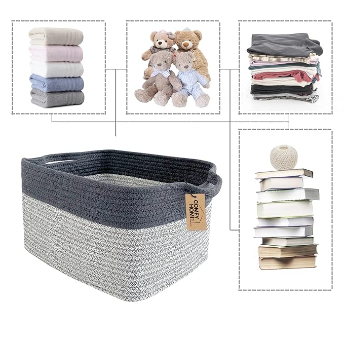 COMFY-HOMI 3Pack Cotton Rope Square Basket with Handles for Shelves|Dog Toy Storage Bin|Shoe Organizer - New 13.5" x 11" x 9.5" (Light Grey)