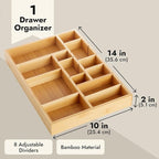 Juvale Drawer Organizer Tray - 14 x 10 x 2 In Brown Bamboo - 8 Adjustable Dividers for Custom Storage - Silverware & Utensil Organizer - Desk Drawer Divider - Versatile Wooden Divided Tray