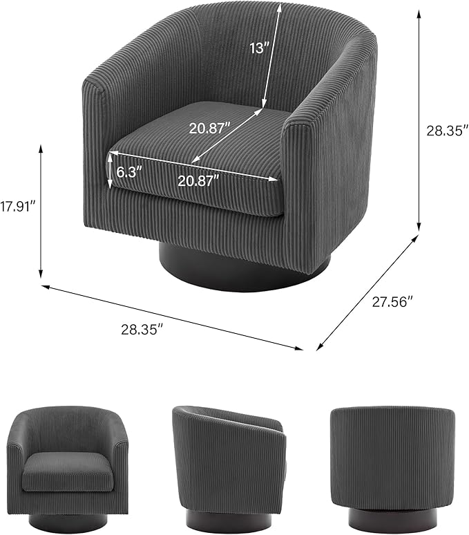 Swivel Barrel Accent Chair, Modern Round Corduroy Fabric Arm Chair for Living Room, Bedroom, Comfy Club Reading Chairs for Adults (Corduroy Grey, Set of 1)