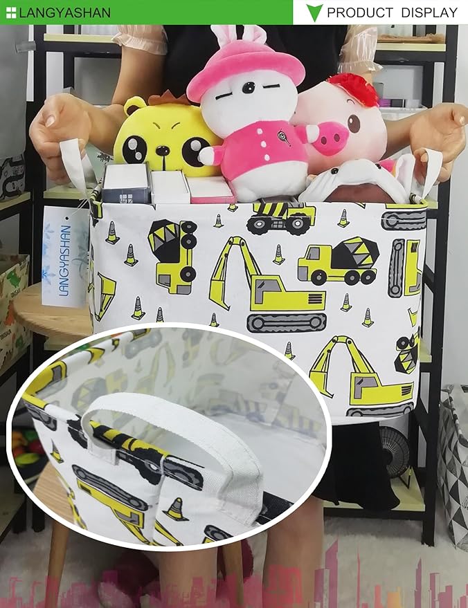 LANGYASHAN Rectangular Storage Bin Collapse Canvas Fabric Cartoon Storage Basket with Handles for Organizing Home Kitchen Boys and Girls Toys Office Closet Shelf Baskets (Rec Engineering Vehicle)