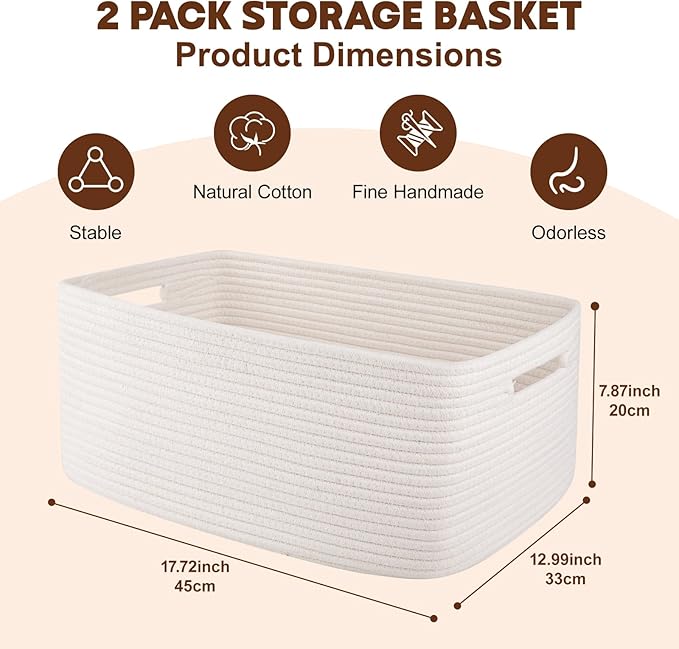OIAHOMY Storage Basket for Shelves, Closet Cube Storage Bins Baskets for Clothes Blanket Towels, Baby Nursery, Toy Baskets Box, Woven Rope Basket, 17.72*12.99*7.87 IN, 2 Packs White