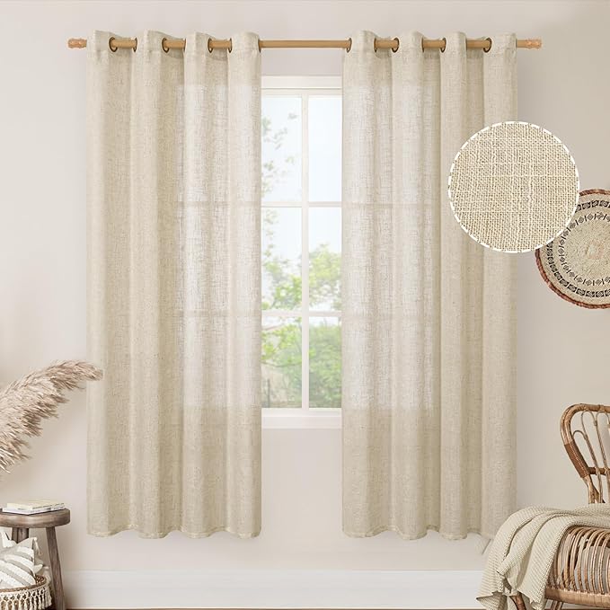 LAMIT Semi Sheer Linen Curtains 78 Inch Length for Living Room 2 Panels Set, Bronze Grommet Light Filtering Panels Neutral Drapes for Bedroom Farmhouse, 52 x 78 Inch, Linen