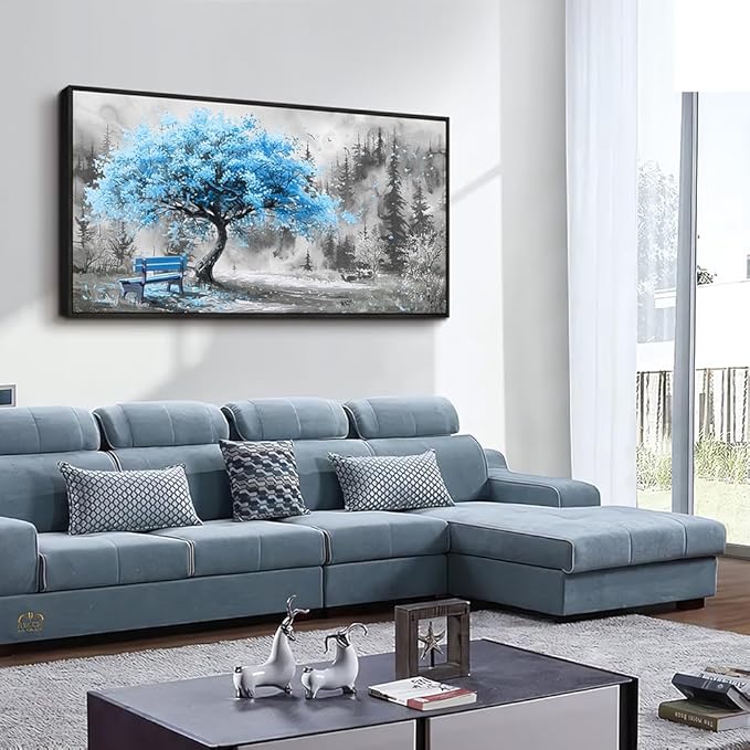 ZUITINGHUA Black Framed Canvas Wall Art For Living Room Large Wall Decor For Office Bedroom Decorations Blue Tree Landscape Pictures Black And White Paintings Artwork Aesthetic Home Decor 30x60 In