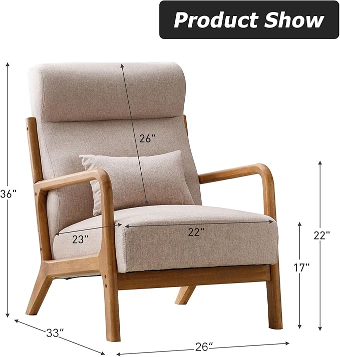 INZOY Mid Century Modern Accent Chair with High Back, Upholstered Living Room Chairs with Waist Cushion, Wood Frame Reading Armchair for Bedroom Sunroom, Beige