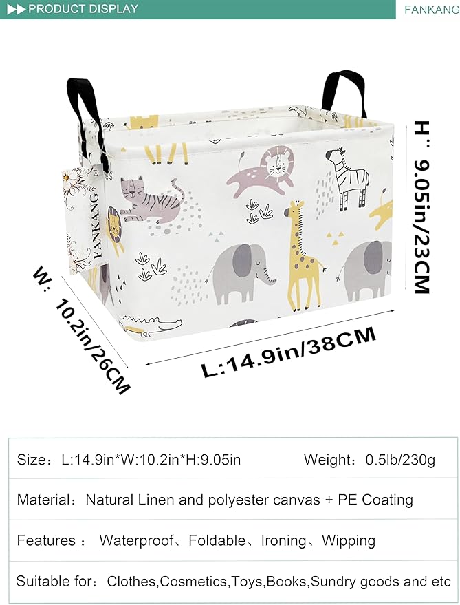 FANKANG Storage Bins, Nursery Hamper Canvas Laundry Basket Foldable with Waterproof PE Coating Large Storage Baskets for Kids Boys and Girls, Office, Bedroom, Clothes,Toys(Rec-Lovely Animals ）