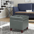 Adeco Bonded Leather Square Tufted Cubic Cube Footstool, 18" Height Storage Ottomans, with Lid, Cement Grey