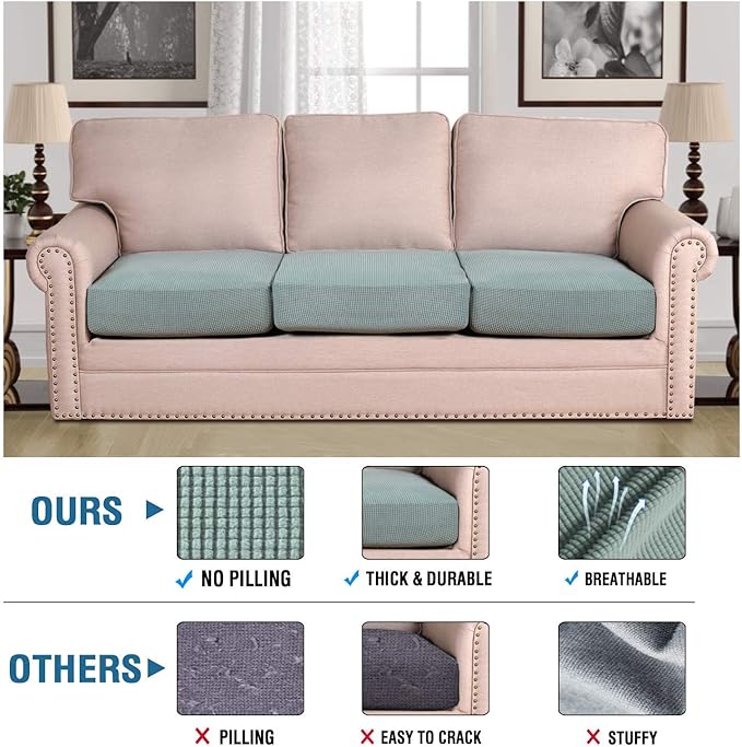 H.VERSAILTEX Super Stretch Individual Seat Cushion Covers - Sofa & Couch Cushion Slipcover Sets - Thick Jacquard Textured Twill Fabric (3 Piece XL, Sage)