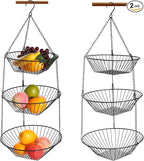 3-Tier Wire Fruit Hanging Basket 2 Packs,non-Punching Wall Hanging Storage,Kitchen Bathroom Organization Basket,Suitable for Bathroom,Kitchen,Closet,Garden,Black