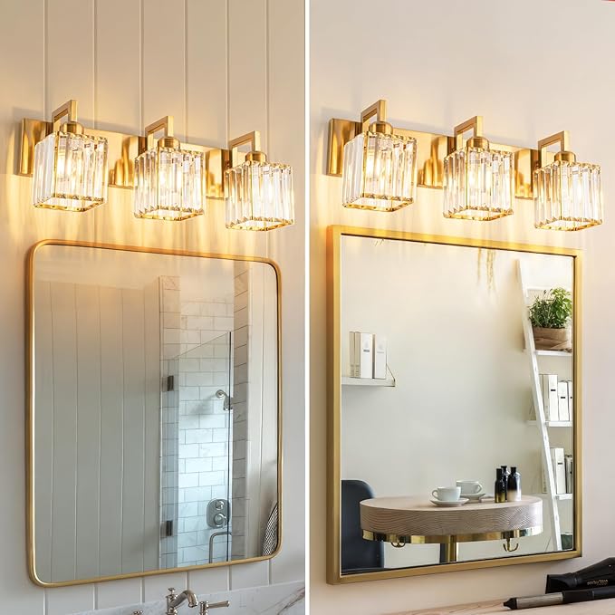 Modern Bathroom Vanity Light 3-Lights Gold Crystal Wall Lamp Bathroom Modern Crystal Vanity Lighting