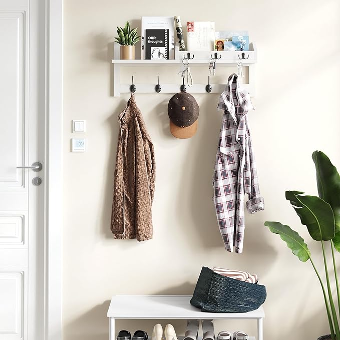 AMBIRD 26.57-Inch Wall Hanging Shelf With Coat Hooks - Entryway Wood Rack With 5 Dual Hooks, 3 Key Hooks, Mail Organizer and Key Holder (White)