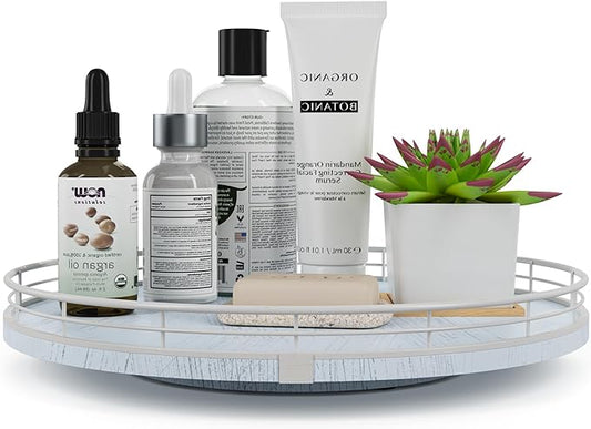 13" Oak Bathroom Vanity Tray Turntable for Perfume Candle, Round Wooden Decorative Tray for Kitchen Sink Countertop Organizer, Bathroom Counter Organizer for Skincare Makeup, Rustic White