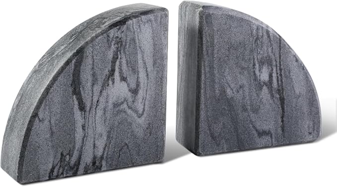 Marble Bookend for Shelves, Non-Skid Bookends for Heavy Books, Heavy Duty Book Stopper for CDs, Luxury Book Shelf Holder, Quarter Circle Design Book Ends Decorative, Monte Grigio, Set of 2