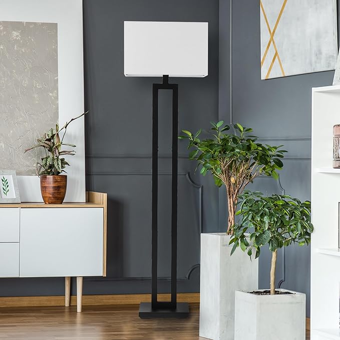 GLOBE Electric 67046 58" Floor Lamp, Matte Black Finish, White Linen Rectangular Shade, Modern Geometric Cutout Design, E26 Base