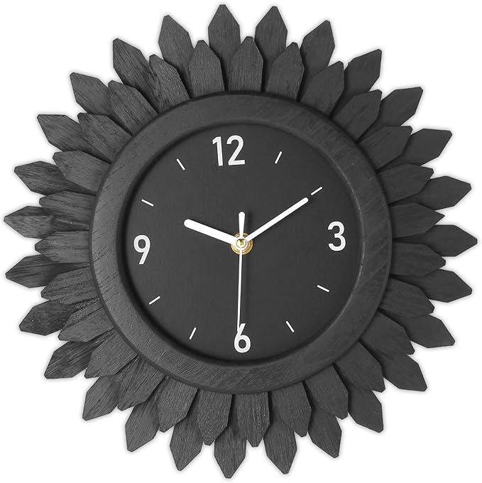 Honiway Wall Clock Battery Operated 12 Inch Rustic Wooden Boho Sunburst Decorative Wall Clock Silent Non-Ticking Black Wall Decor Clocks for Living Room Kitchen Bathroom Bedroom (Black)