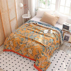 Boho Muslin Blanket for Adults 4-Layer Gauze 80 x 90 Inches Soft Cozy 100% Cotton Summer Cooling Blanket Floral Decor for Sofa Bed Coverlet Both Sides (Flowr Branch Orange, 80 x 90 in)