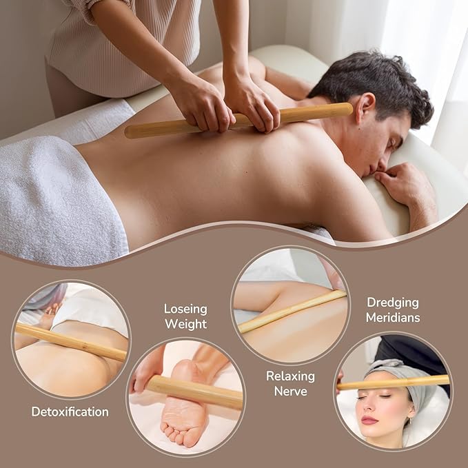 4PCS Solid Bamboo Massage Sticks & Guasha Set with Roller/Stick - 100% Bamboo Therapy Tools for Neck/Arm/Back/Legs/Full Body, Deep Tissue Massage, Muscle Relaxation, Body Shaping, Fatigue Relief
