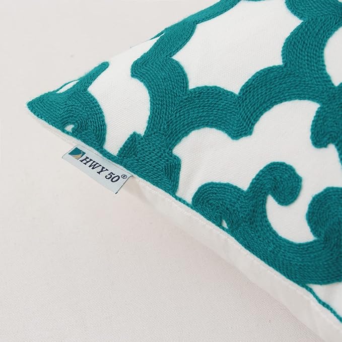 HWY 50 Teal Decorative Throw Pillow Covers 18x18 Inch (1 Piece), Embroidered Cotton Farmhouse Cushion Cover Pillow Case for Sofa Couch Living Room Bed, Geometric