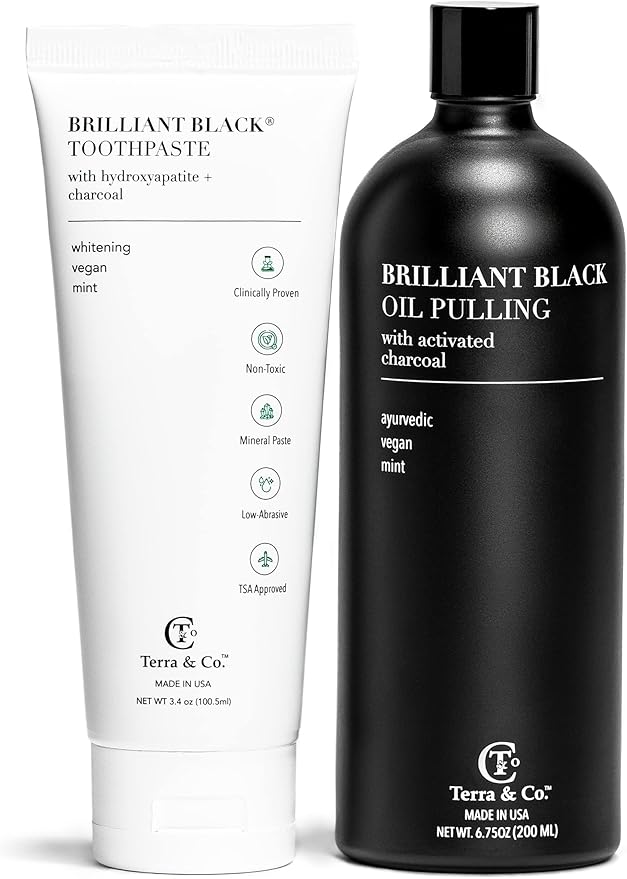 Terra & Co.® Brilliant Black® Oil Pulling Mouthwash | Natural Oil Rinse with Vitamin E for Strong Gums & Healthy Teeth | Fluoride-Free, Made in USA | 6.75 oz