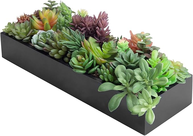 MyGift Artificial Succulent Centerpiece,15.75 Inch Faux Succulents Arrangement Plants in Sleek Black Wooden Rectangular Planter Box