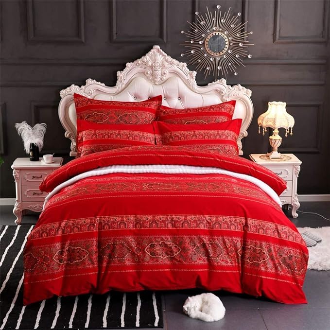 ABREEZE Full Duvet Covers, Bohemian Retro Bedding Set, Coloful Mandala Down Comforter Cover, Boho Floral Style Quilt Cover, 100% Brushed Cotton, 1 Duvet Cover and 2 Pillow Shams,Red