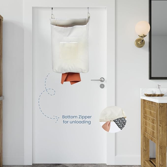 The Fine Living Co. Hanging Laundry Hamper with Over Door Hooks & Adhesive, Durable Space Saving Laundry Bag with Zipper and Wide Open Top, Hanging Dorm Laundry Hamper 18"x4.75"x28" (Beige-L)