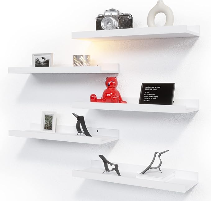 RICHER HOUSE 5 Set White Floating Shelves, Wall Mounted Shelves for Wall Decor, Modern Picture Ledge Shelf with Lip for Wall Storage Nursery, Bedroom, Living Room, Bathroom - White