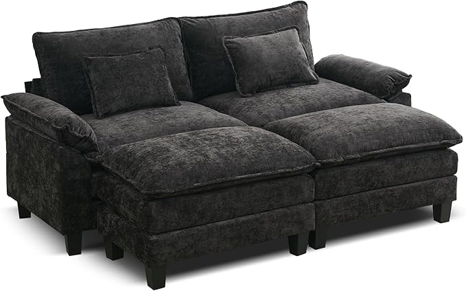 URRED Modular Sectional Sofa Comfy Cloud Couch, Modern Chenille Sofa Sleeper Deep Seat Couches with Ottoman/Pillows for Living Room (Black, 82.6''- 2 Ottomans)