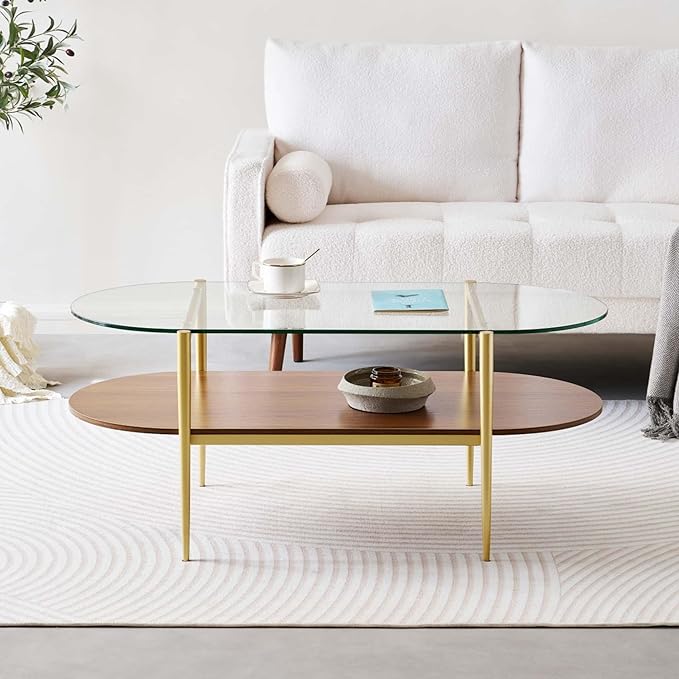 Oval Glass Coffee Table, Mid-Century Modern Design, L41 x W21 x H17 inch, for Living Room, 2-Tier Structure, Clear Glass Top and Walnut Finish Wood Shelf, Conical Legs with Gold Finish Frame