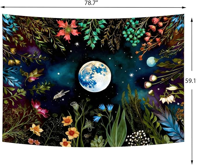 Delur Moonlit Garden Tapestry Boho Moon Floral Plant Tapestry Wall Hanging Colorful Flower Botanical Nature Night Landscape Headboard for Bedroom Living Room Home Decor (59.1" x 78.7")