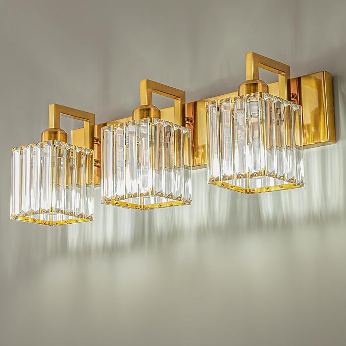Modern Bathroom Vanity Light 3-Lights Gold Crystal Wall Lamp Bathroom Modern Crystal Vanity Lighting