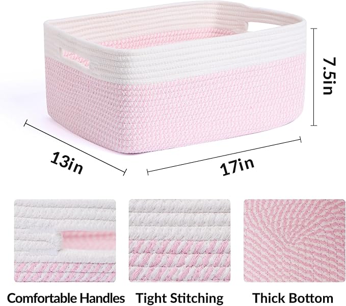 Large Storage Baskets for Shelves, Closet Organizers Bins for Clothes Blanket Towels, Baby Nursery, Toy Baskets Box, Woven Rope Baskets, 17 x 13 x 7.5”, 3 Packs Woven Pink