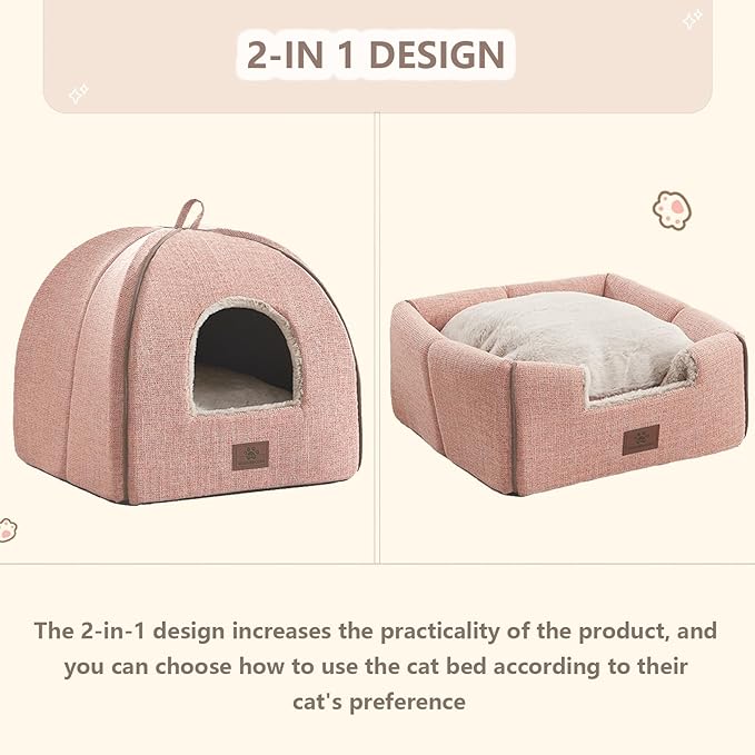 Cat Bed for Indoor Cats - Cat Cave Bed Cat House Cat Tent with Removable Washable Cushioned Pillow, Soft and Self Kitten beds,Cat Beds & Furniture, Pet Bed (Large, Pink)