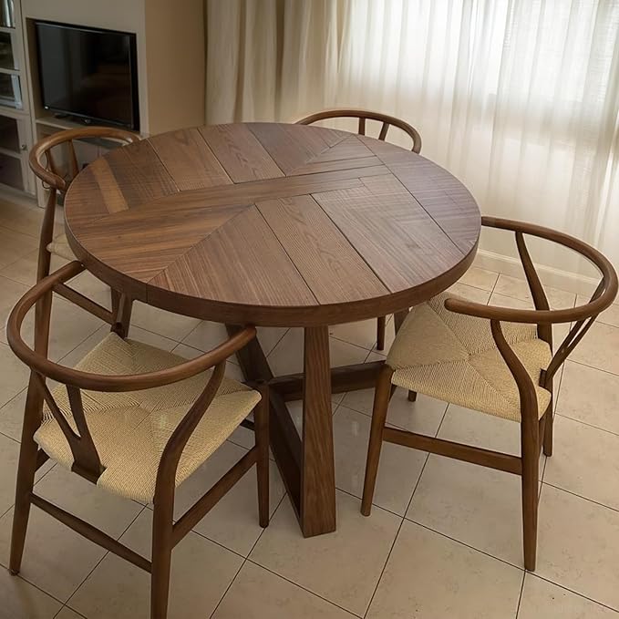 Wishbone Chair Natural Solid Wood Dining Chair/Hans Vegner Y Chair Rattan and Wood Accent Armrest Chairs Set of 4(Ash Wood - Walnut)