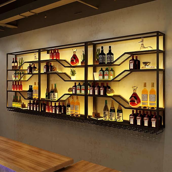 118in Wall Mounted Wine Rack with LED Light, 5-Tiers Liquor Bottles Display Shelf with Glasses Holder, Metal Home Bar Shelves with Industrial Iron Frame for Kitchen (Black, 118in/9.84ft)