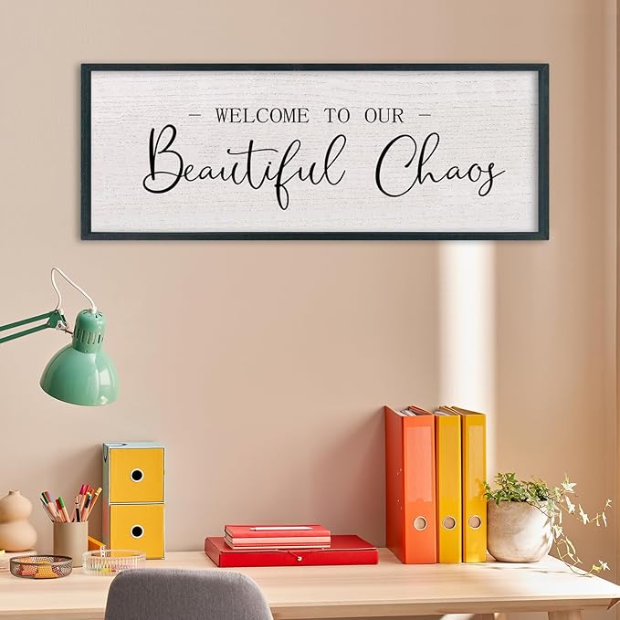 comurdyo Welcome To Our Beautiful Chaos Wall Decor Art 32"X12" for Home Entryway Sign Large Wood Framed Wall Hanging (Black)