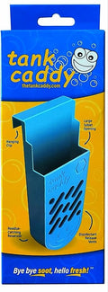 The Tank Caddy is a carrier that hangs inside your toilet tank, while trapping the soot that remains as blue and bleach tablets dissolve.