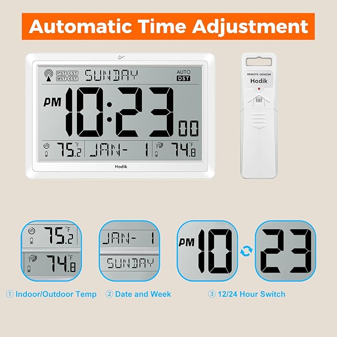 Wall Clock Atomic with Indoor Outdoor Temperature Battery Powered, Easy Reading with 10.5 Inch Large LCD Display, 330FT Range Table Wall Clock with DST, 12/24 Hour for Living Room Kitchen (White)
