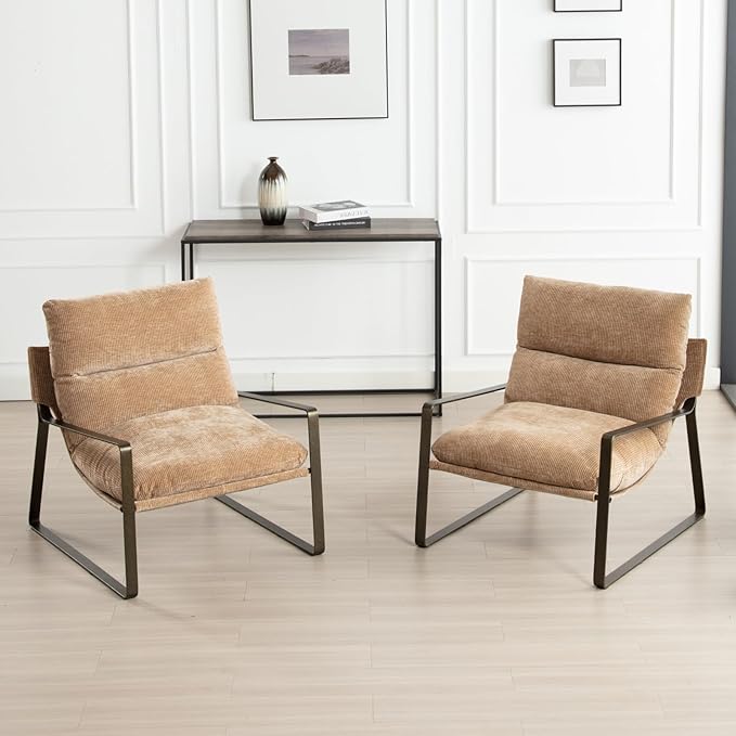 DUOMAY Mid-Century Accent Chairs Armchair Set of 2, Comfy Chenille Leisure Chairs Lazy Chairs with Brozen Metal Leg for Living Room Bedroom Office Apartment, Khaki