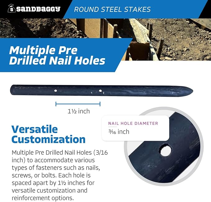 Sandbaggy Round Steel Concrete Form Stakes with Nail Holes - Rust Resistant Coating - Removable, Reusable (40, 3/4 in X 12 in)
