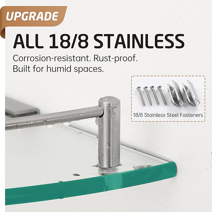 KES Glass Corner Shelf for Bathroom Corner Shelf 2 Pack Tempered Glass Shelf with Rail SUS 304 Stainless Steel Wall Mounted Brushed Finish, BGS2101A-2-P2