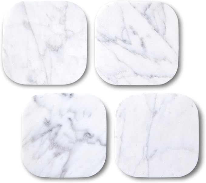 𝐋𝐮𝐱𝐮𝐫𝐲 𝐈𝐭𝐚𝐥𝐢𝐚𝐧 100% Marble Tile Coasters – Set of 4 – Square Modern Bar Coasters for Drinks, Coffee –Stone Holder for Home Décor, Housewarming Gifts (Carrara White)