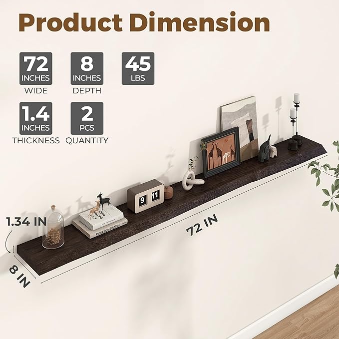 Axeman 72 inch Extra Long Floating Shelves for Wall - 8'' D Live Edge Rustic Solid Elm Wood Floating Shelves Wall Mounted, Wall Shelves with Invisible Bracket for Living Room Bedroom Kitchen, Walnut