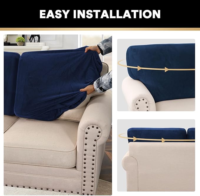 PrinceDeco Sectional Couch Covers Velvet Cushion Covers for Sectional Couch Washable Cushion Covers for Sectional Sofa Pet Friendly Sectional Sofa Slipcovers(1 Chaise Back+ 3 Sofa Back,Navy)