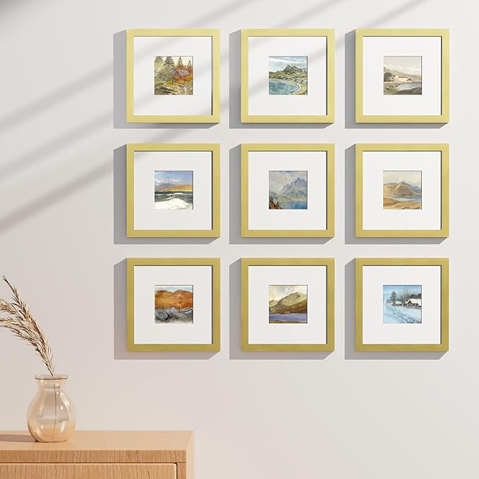 Vittanly 8x8 Picture Frames Set of 9, Shatter Resistant Plexiglass, Display 4x4 Pictures with Mat or 8x8 without Mat, Photo Frames for Wall Mount, Engineered Wood, Gold